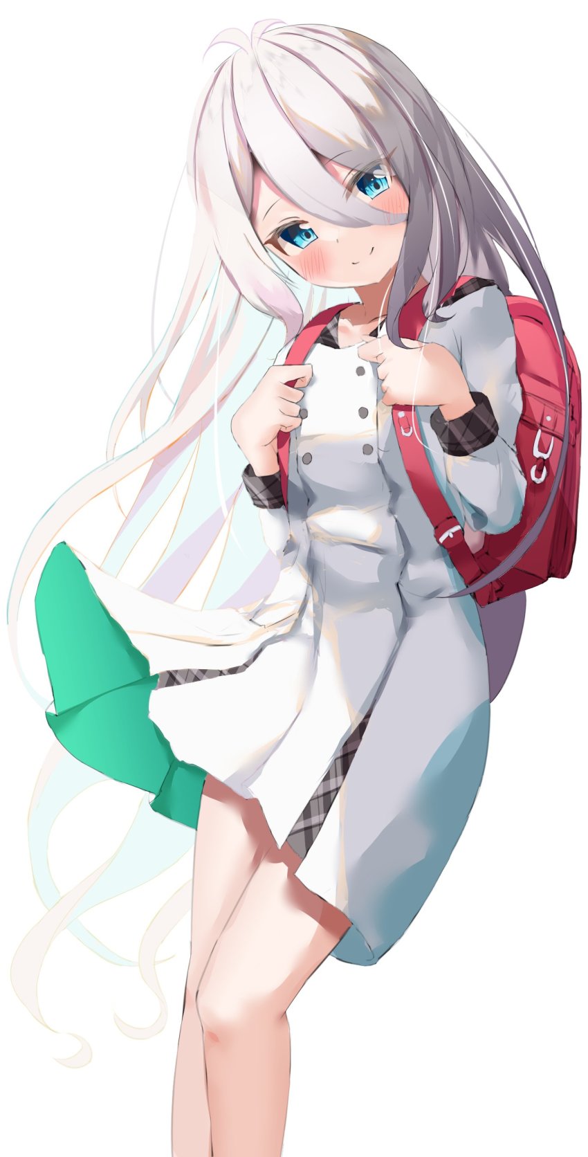 1girl absurdres ashinagi_(bijutu1) blue_eyes blush highres kokkoro_(princess_connect!) kokkoro_(real)_(princess_connect!) long_hair looking_at_viewer princess_connect! skirt smile solo white_hair