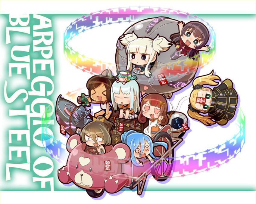 &gt;_&lt; 10s 6+girls :&lt; :3 @_@ aircraft airplane aoki_hagane_no_arpeggio bear black_eyes blonde_hair blue_hair box brown_hair chaki_(teasets) chibi closed_eyes crossover cup drawer drooling fairy_(kancolle) green_eyes green_hair hair_ornament hair_ribbon hairclip haruna_(aoki_hagane_no_arpeggio) hat heart heart-shaped_eyes hyuuga_(aoki_hagane_no_arpeggio) i-401_(kancolle) iona_(aoki_hagane_no_arpeggio) kantai_collection kirishima_(aoki_hagane_no_arpeggio) kongou_(aoki_hagane_no_arpeggio) lab_coat machinery maya_(aoki_hagane_no_arpeggio) monocle multiple_girls name_connection odd_one_out open_mouth ponytail ribbon saliva seiran_(kancolle) ship ship_turret smiley_face star_(symbol) star_hair_ornament striped_clothes striped_legwear striped_thighhighs sweatdrop swimsuit swimsuit_under_clothes takao_(aoki_hagane_no_arpeggio) talisman tea teacup thighhighs triangle_mouth twintails wacky_races wagon watercraft yotarou_(aoki_hagane_no_arpeggio)