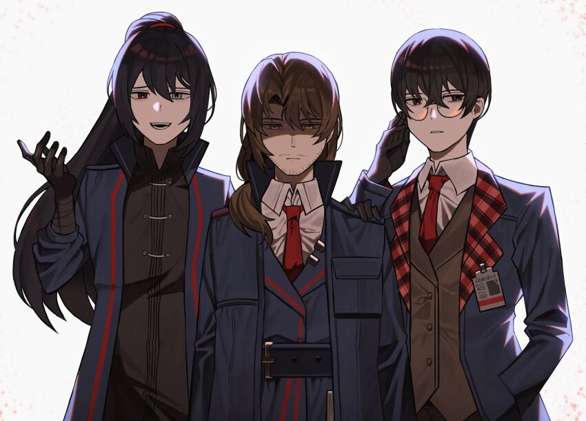 3boys asdf1211950 beard_stubble belt black_eyes black_gloves black_hair blue_coat blue_eyes blue_jacket brown_eyes brown_hair brown_vest chinese_clothes closed_mouth coat collared_shirt cosplay cowboy_shot facial_hair glasses gloves gregor_(project_moon) gubo_(project_moon) gubo_(project_moon)_(cosplay) hand_in_pocket hand_on_another&#039;s_shoulder hands_on_eyewear hermann_(project_moon) hermann_(project_moon)_(cosplay) hetero high_ponytail highres hong_lu_(project_moon) id_card jacket jia_huan_(project_moon) jia_huan_(project_moon)_(cosplay) limbus_company long_hair long_sleeves looking_at_viewer looking_to_the_side male_focus multiple_boys mustache_stubble open_mouth parted_lips partially_shaded_face ponytail project_moon shirt short_hair side_ponytail smile stubble tangzhuang teeth vest white_shirt yi_sang_(project_moon)