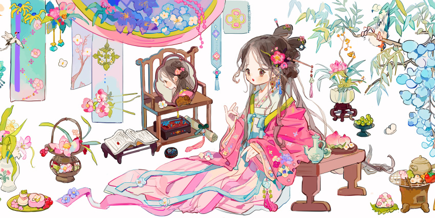 1girl :o absurdres bird blue_flower blush book branch brown_eyes brown_hair chinese_clothes earrings fingernails flower food fruit full_body grapes hair_flower hair_ornament hair_stick hanfu highres jewelry lips long_hair long_sleeves looking_at_viewer lotus mirror nail_polish open_book original peach pink_flower pink_hanfu pink_lips pink_nails plant potted_plant putong_xiao_gou reflection scroll sitting solo sweets table tassel teapot vase white_background