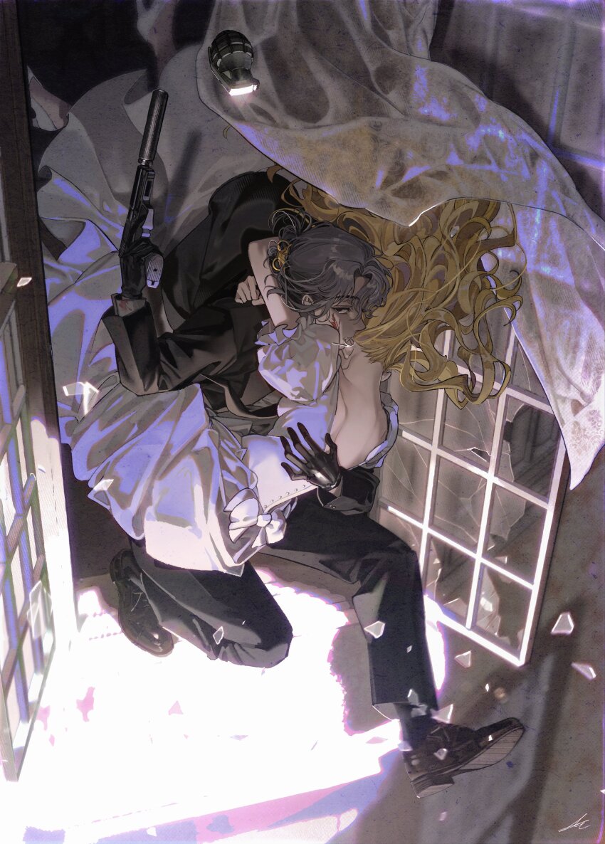 2girls absurdres arms_around_neck black_gloves black_hair black_jacket black_pants black_suit blonde_hair blood blood_on_face broken_glass carrying carrying_person commentary curtains dress english_commentary explosive floating_hair formal_clothes glass gloves grenade grenade_pin_in_mouth gun handgun highres holding holding_gun holding_weapon jacket long_hair midair multiple_girls nape original pants short_sleeves suit suppressor toktin_zq weapon white_dress window yuri