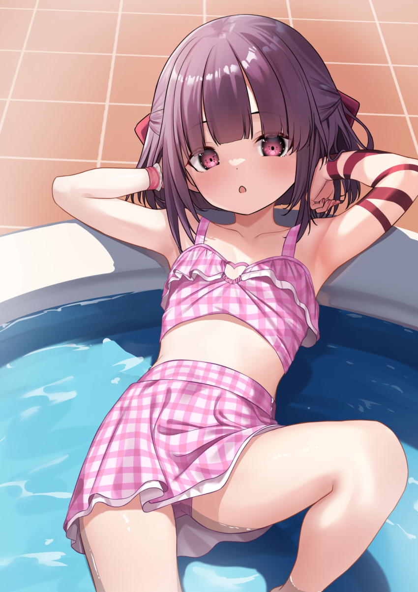 1girl bikini blush collarbone commission fallenshadow flat_chest hair_ribbon highres indie_virtual_youtuber leg_up looking_at_viewer lying miniskirt navel on_back open_mouth pink_bikini pink_skirt pixiv_commission purple_eyes purple_hair ribbon short_hair skirt solo swimsuit thighs tile_floor tiles virtual_youtuber wading_pool water yan_(nicknikg)