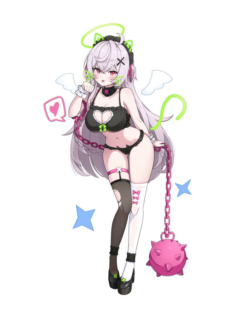 1girl absurdres asymmetrical_legwear ball_and_chain_(weapon) bare_shoulders beatrixa_(stella_sora) black_bra black_choker black_headdress black_panties black_thighhighs blush bow bow_bra bra breasts cat_ear_panties choker cleavage cleavage_cutout clothing_cutout collarbone commentary_request crossed_bangs detached_wings drawn_ears drawn_halo drawn_tail drawn_whiskers frilled_anklet frilled_choker frilled_wrist_cuffs frills full_body green_halo grey_hair hair_between_eyes hair_ornament hair_ribbon halo heart heart_cutout highres holding holding_weapon koy_(4767269) large_breasts legs long_hair looking_at_viewer mini_wings mismatched_legwear navel open_mouth panties pink_eyes pink_ribbon platform_heels ribbon solo spiked_ball_and_chain spoken_heart standing star_(symbol) stella_sora stomach thigh_bow thigh_strap thighhighs thighs torn_clothes torn_thighhighs two_side_up underwear very_long_hair weapon white_thighhighs white_wrist_cuffs wings wrist_cuffs x_hair_ornament