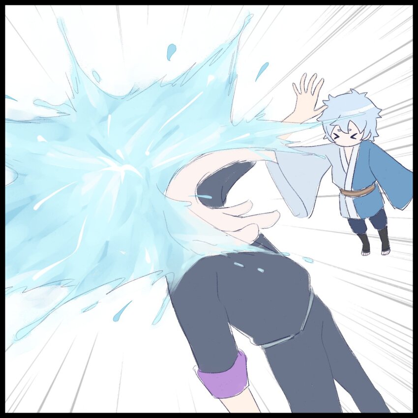&gt;_&lt; black_pants black_shirt blue_hair boruto:_naruto_next_generations highres hoozuki_suigetsu mitsuki_(naruto) motion_lines multicolored_clothes multiple_boys naruto_(series) no_mouth no_nose pale_skin pants purple_cuffs sandals shirt simple_background slapping spiked_hair splashing stretched_limb white_background yoshiya0909
