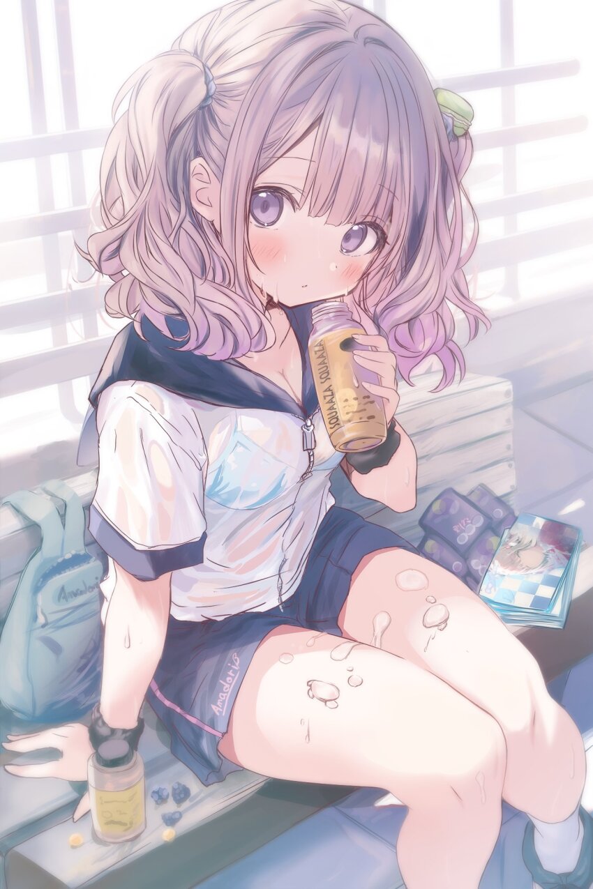 1girl black_sailor_collar blue_bra blush bottle bra bra_visible_through_clothes breasts brown_hair commentary_request cowboy_shot cutlass_(classic_chocolate) food-themed_hair_ornament gym_shorts hair_ornament highres holding holding_bottle looking_at_viewer macaron_hair_ornament medium_hair on_bench original purple_eyes sailor_collar scrunchie shorts sitting small_breasts solo two_side_up underwear wet wet_clothes wrist_scrunchie