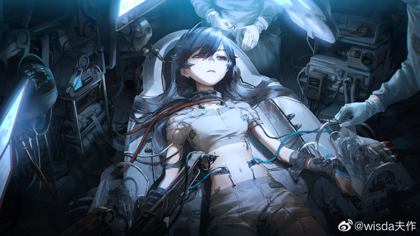 1girl 2others aged_down black_hair breasts cable chinese_commentary commentary crop_top device drill grey_shirt grey_shorts half-closed_eyes highres long_hair lucia_(pgr) lying mechabare mechanical_arms midriff monitor multicolored_hair multiple_others official_art official_wallpaper on_back oscilloscope people punishing:_gray_raven red_eyes restrained shirt shorts sideways_glance small_breasts solo_focus streaked_hair surgeon surgery surgical_gown surgical_light swept_bangs tube upper_body watermark weibo_watermark wisda
