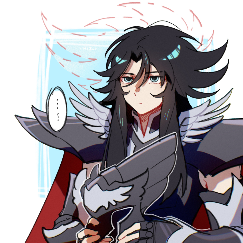 ... 1boy absurdres armor bishounen black_armor black_hair black_helmet blue_eyes cape dotted_line expressionless hades_(saint_seiya) helmet highres holding holding_helmet long_hair looking_at_viewer male_focus metal_wings red_cape saint_seiya snowflake_(diodarja) solo speech_bubble spoken_ellipsis two-tone_armor unworn_headwear unworn_helmet