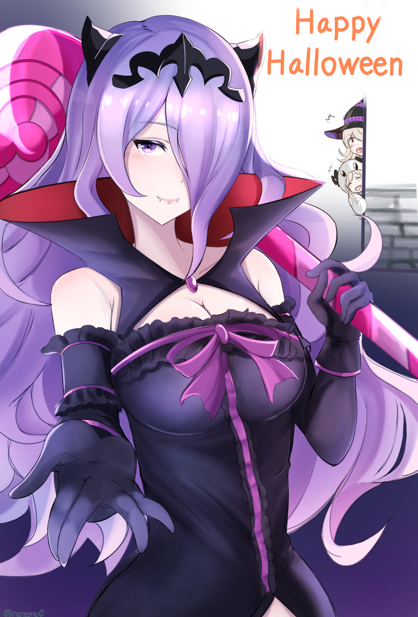 3girls absurdres bare_shoulders black_dress black_gloves breasts camilla_(fire_emblem) cleavage corrin_(female)_(fire_emblem) corrin_(female)_(halloween)_(fire_emblem) dress elbow_gloves elise_(fire_emblem) fangs fire_emblem fire_emblem_fates fire_emblem_heroes gloves hair_over_one_eye halloween_costume happy_halloween hat highres long_hair looking_at_viewer medium_breasts multiple_girls nenemu0 nintendo purple_eyes purple_hair siblings sisters smile twitter_username witch_hat