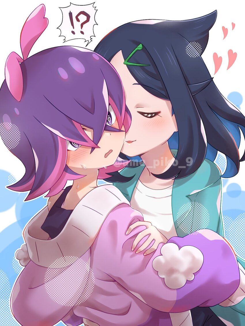 !? 2girls @_@ amedamaneko black_hair blush commentary_request dizzy dot_(pokemon) eyelashes hair_ornament hair_over_eyes hairclip heart highres hug jacket kiss liko_(pokemon) multicolored_hair multiple_girls nintendo open_clothes open_mouth pink_hair pokemon pokemon_(anime) pokemon_horizons purple_eyes purple_hair shirt short_hair smile spiral-only_eyes upper_body white_shirt yuri