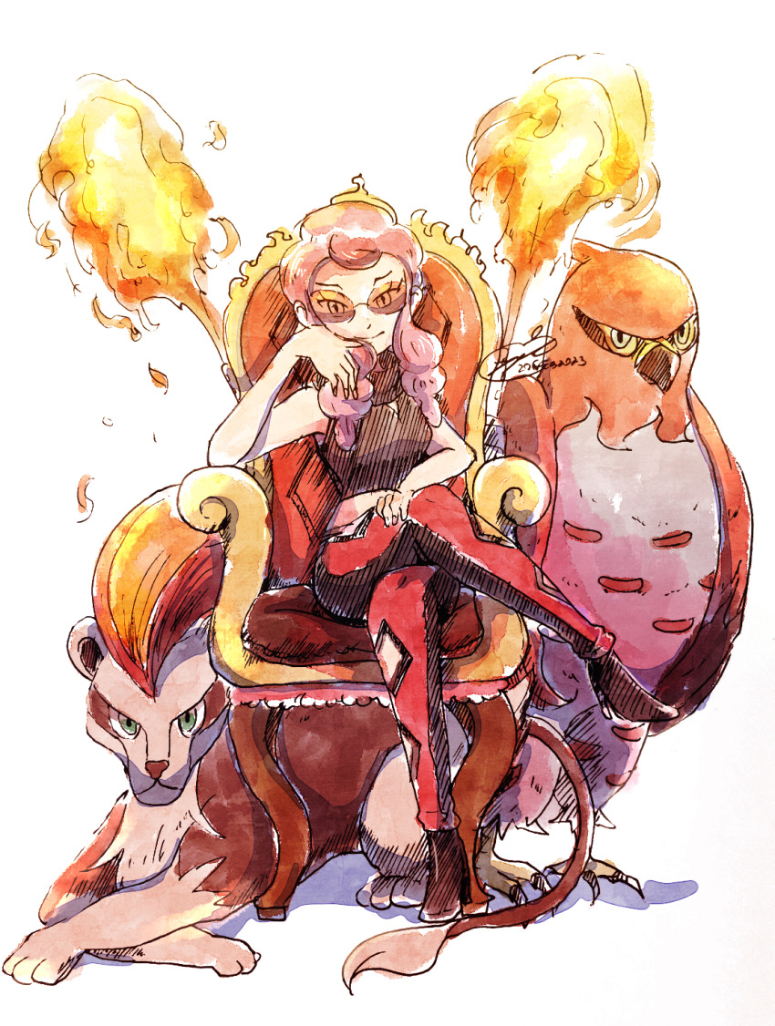 1girl appleko bare_arms black_footwear crop_top fire full_body gen_6_pokemon highres lion_tail looking_at_viewer malva_(pokemon) nintendo pink_hair pokemon pokemon_(creature) pokemon_xy pyroar pyroar_(female) red-tinted_eyewear sitting smile tail talonflame throne tinted_eyewear white_background