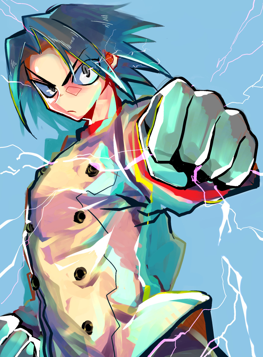 1boy akatsuki_(akatsuki_blitzkampf) akatsuki_blitzkampf akira_unoie bad_tag black_hair blue_background buttons clenched_hand double-breasted electricity foreshortening gloves hair_intakes highres imperial_japanese_army looking_at_viewer military military_uniform red_sleeve_cuffs short_hair solo