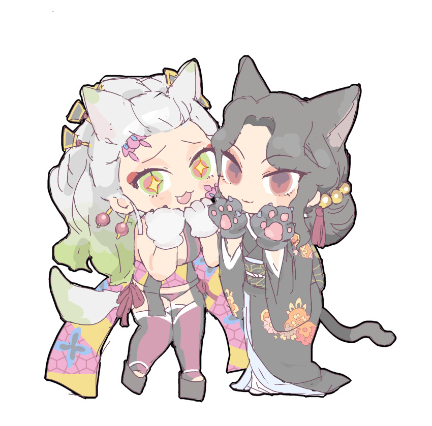 1636596992 2girls :3 animal_ears black_hair black_kimono cat_ears cat_girl cat_tail daki_(kimetsu_no_yaiba) demon_girl genderswap genderswap_(mtf) highres japanese_clothes kibutsuji_muzan kibutsuji_muzan_(female) kimetsu_no_yaiba kimono long_hair looking_at_viewer multiple_girls red_eyes tail thighhighs thong