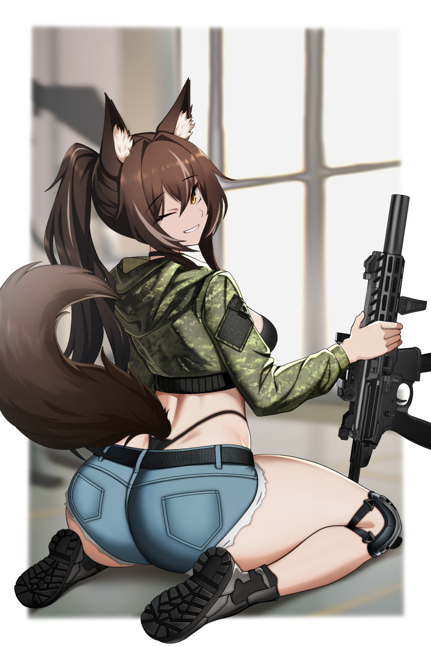 1girl absurdres animal_ear_fluff animal_ears ass belt bikini black_choker black_panties blue_shorts boots brown_eyes brown_hair cadpat callisto_(greyeth) camouflage camouflage_jacket cero_(last2stage) choker crop_top cropped_jacket cutoffs denim denim_shorts fox_ears fox_girl fox_tail from_behind green_jacket grin gun highleg highleg_bikini highres jacket knee_pads long_hair looking_at_viewer median_furrow midriff one_eye_closed original panties ponytail short_shorts shorts sig_mpx sig_sauer smile string_bikini submachine_gun swimsuit tail thighs underwear weapon whale_tail_(clothing) yellow_eyes