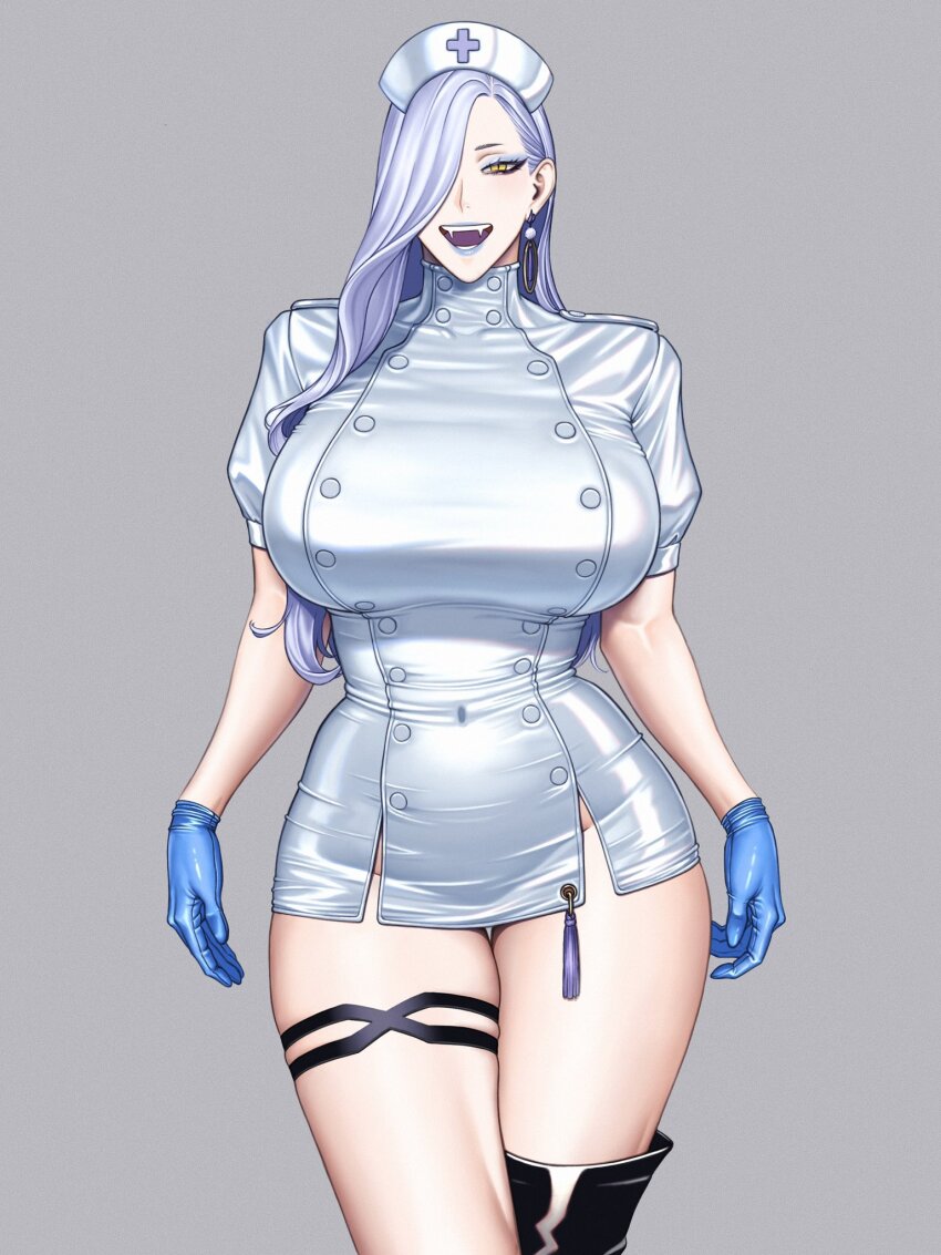 1girl blue_gloves blue_lips cowboy_shot dress fangs fate/grand_order fate_(series) gloves grey_background hair_over_one_eye half-closed_eyes hat highres hihizaru_badass latex latex_gloves mrs._snake_(fate) nurse nurse_cap open_mouth short_dress simple_background smile solo standing thigh_strap thighs yellow_eyes