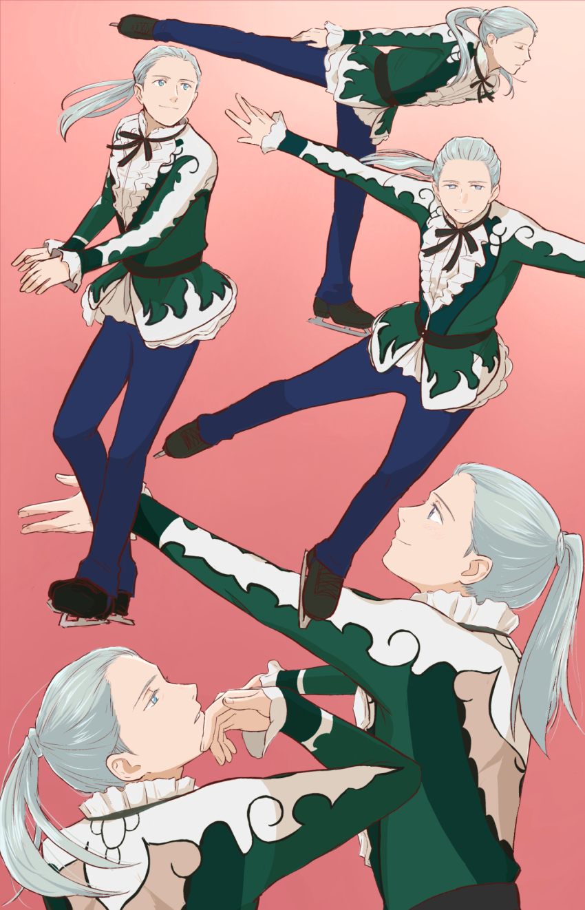 1boy aged_down belt blue_eyes blue_pants closed_eyes figure_skating frilled_sleeves frills highres ice_skates male_focus pants pink_background ponytail ribbon silver_hair skates skating smile takeshi_(mononohu20) viktor_nikiforov yuri!!!_on_ice yuri!!!_on_ice_the_movie:_ice_adolescence