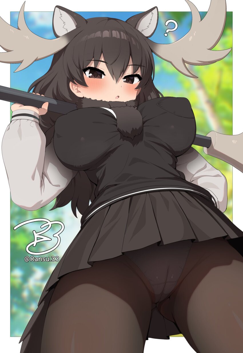 1girl ? animal_ears antlers black_hair blush breasts brown_eyes cameltoe covered_erect_nipples fur_collar hair_between_eyes highres horns kemono_friends large_breasts long_hair long_sleeves looking_at_viewer moose_(kemono_friends) moose_antlers moose_ears moose_girl moose_tail open_mouth panties panties_under_pantyhose pantyhose paw_stick ransusan shirt skirt solo tail underwear upskirt