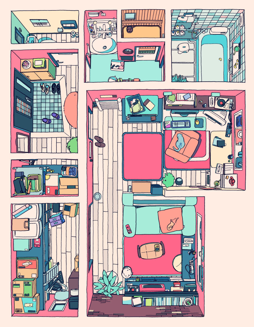 akabane_1999 bathroom bathtub bedroom book box building cabinet cat commentary_request computer computer_keyboard computer_mouse controller couch desk door flower from_above highres indoors interior ladder loaded_interior mirror monitor no_humans original phonograph plant potted_plant remote_control rug scenery shoes slice_of_life slippers stool table television tile_wall tiles window wooden_floor