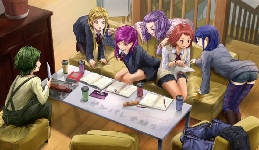 00s 6+girls aged_up akimoto_komachi argyle_clothes argyle_legwear blonde_hair blue_eyes blue_hair blush book goru_(cure_golgom) green_hair highres kasugano_urara_(yes!_precure_5) knife long_hair milk_(yes!_precure_5) mimino_kurumi minazuki_karen multiple_girls natsuki_rin pantyhose pencil pink_eyes pink_hair precure purple_eyes purple_hair school_uniform short_hair sitting sleeves_rolled_up slice_of_life studying thighhighs twintails yellow_eyes yes!_precure_5 yes!_precure_5_gogo! yumehara_nozomi