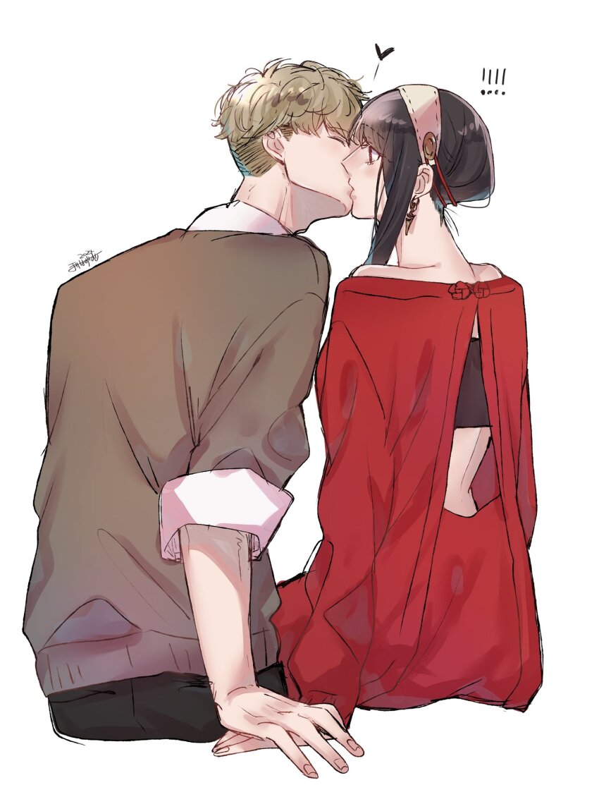 ! !! 1boy 1girl black_hair black_pants black_shirt blonde_hair breasts closed_eyes collared_shirt couple dress earrings gold_earrings grey_sweater hairband hetero highres holding_hands jewelry kiss long_hair medium_breasts midriff off-shoulder_dress off_shoulder pants red_dress shirt shirt_under_sweater short_hair sidelocks sleeves_rolled_up spy_x_family strapless sweater sweater_dress tube_top twilight_(spy_x_family) umini_ikukara upper_body white_background white_hairband white_shirt yor_briar