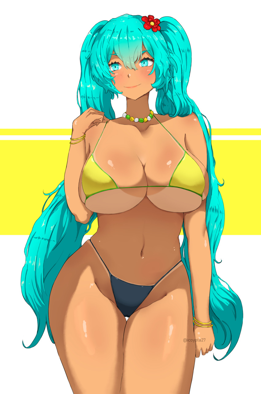 1girl absurdres aqua_eyes aqua_hair bad_tag beads bent_over big_breasts bikini bracelet brazil brazilian_female brazilian_miku breasts can curvy earrings eyewear_on_head female gigantic_thighs gold_bikini hand_on_ass hatsune_miku highres jewelry large_breasts looking_at_viewer looking_back sandals smile solo sunglasses swimsuit tan tanline teasing thick_thighs thighs twitter_link vocaloid waist_beads white_background