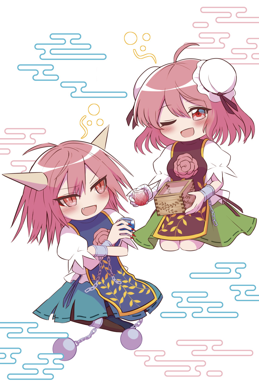 2girls :d ahoge alcohol bandaged_arm bandages blue_tabard blush brown_horns brown_tabard bun_cover chain chibi commentary_request cone_horns cuffs cup double_bun egasumi elaphe_guttata6 fang flower full_body gold_trim green_skirt hair_bun highres holding holding_cup horns ibaraki_douji&#039;s_arm ibaraki_kasen looking_at_viewer masu medium_hair multiple_girls one_eye_closed open_mouth pink_eyes pink_flower pink_hair pink_rose ribbon-trimmed_skirt ribbon_trim rose sake seiza shackles shirt short_sleeves simple_background sitting skirt smile squeans tabard touhou v-shaped_eyebrows white_background white_shirt