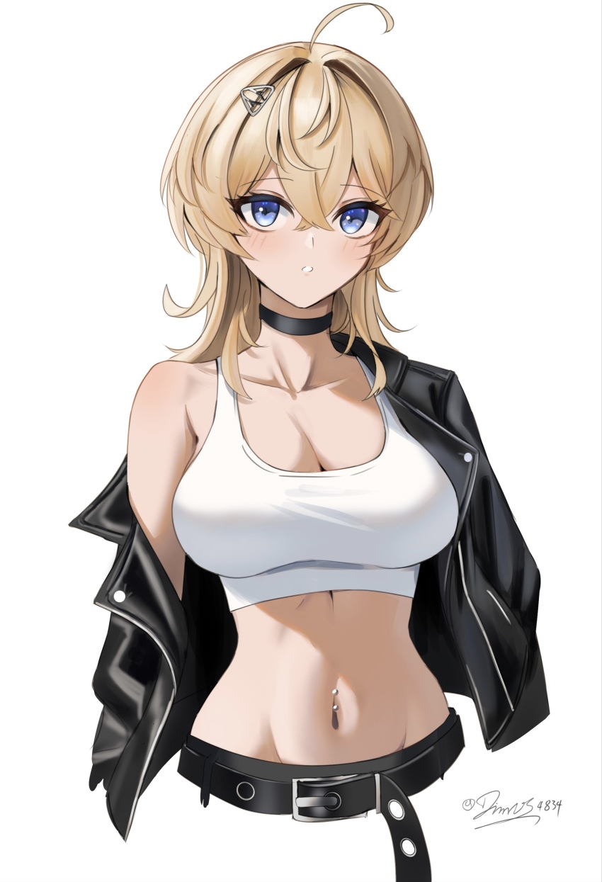 1girl absurdres belt black_belt black_choker black_jacket blonde_hair blue_eyes choker collarbone dimos_(dawn_1945) highres jacket kantai_collection navel navel_piercing open_clothes open_jacket piercing simple_background solo tuscaloosa_(kancolle) white_background