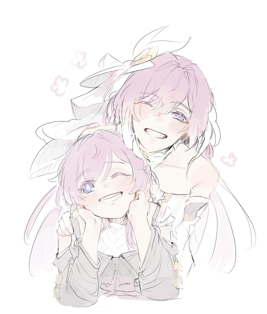 2girls ;o blue_eyes commentary company_connection cropped_torso cyrene_(honkai:_star_rail) diamond-shaped_pupils diamond_(shape) elysia_(herrscher_of_human:_ego)_(honkai_impact) elysia_(honkai_impact) english_commentary hair_ornament hand_on_another&#039;s_shoulder highres honkai:_star_rail honkai_(series) honkai_impact_3rd inoue_marina long_hair multiple_girls one_eye_closed pink_hair purple_eyes rhcanaanaa short_hair simple_background smile symbol-shaped_pupils trait_connection veil very_long_hair voice_actor_connection white_background white_veil yanning