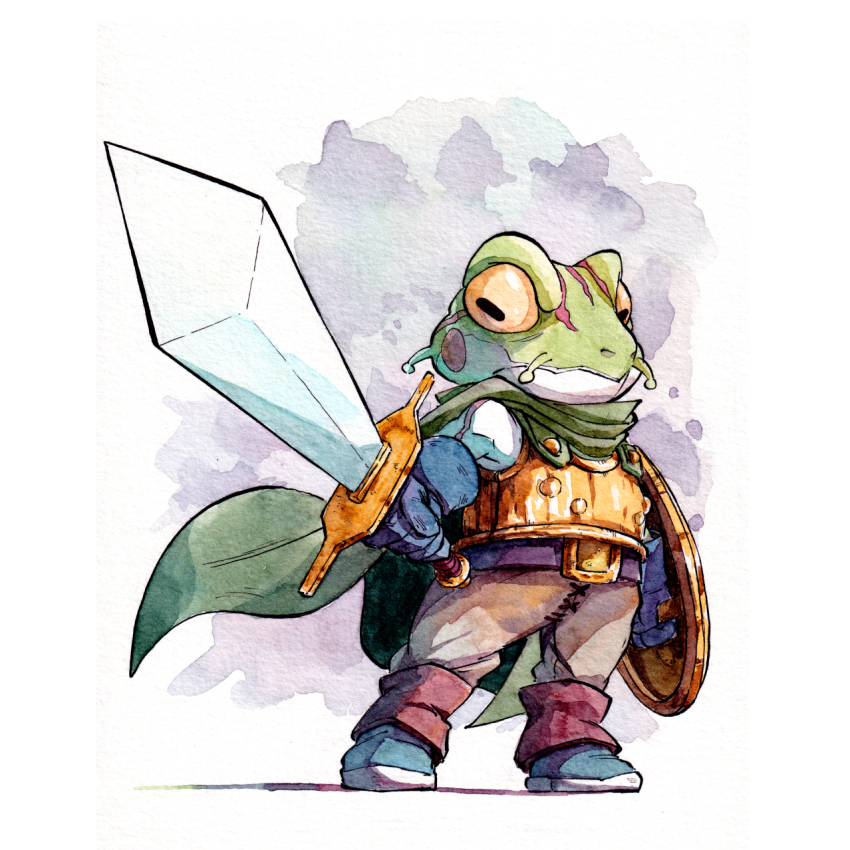1boy armor belt_buckle blue_gloves boots breastplate buckle chrono_trigger cloak fighting_stance frog_(chrono_trigger) frog_boy full_body gloves green_cloak grey_pants highres holding holding_shield holding_sword holding_weapon male_focus mosqi pants shield slit_pupils solo standing sword watercolor_effect weapon white_background yellow_eyes