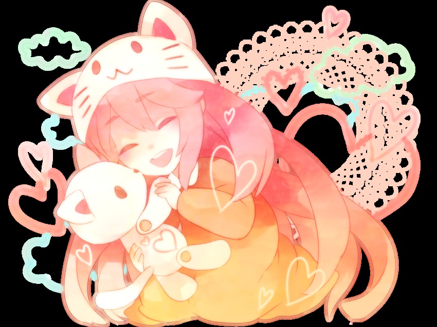1girl :3 animal_ears animal_hat bad_id bad_pixiv_id cat female_focus hat highres long_hair macco megurine_luka megurine_luka_(toeto) pink_hair smile solo stuffed_animal stuffed_toy toeto_(vocaloid) transparent_background vocaloid