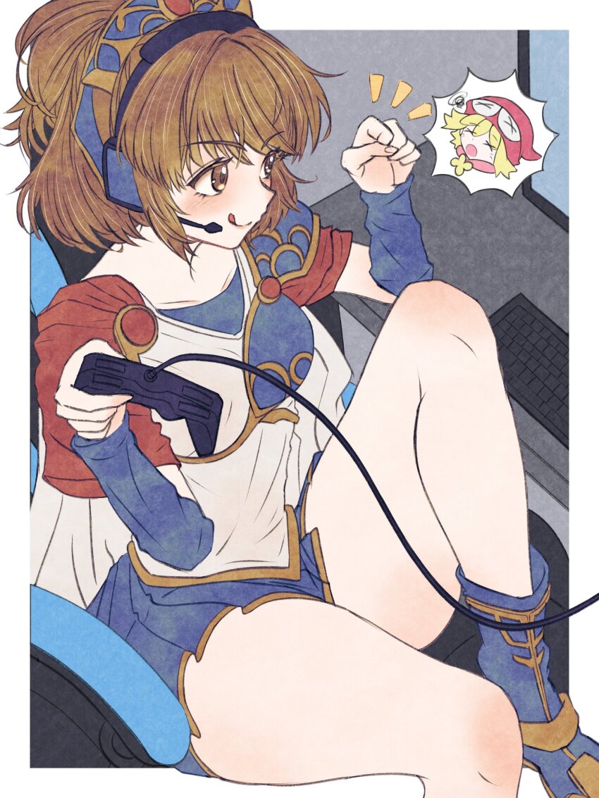 2girls :q amitie_(puyopuyo) arle_nadja armor blonde_hair blue_boots blue_skirt blue_sleeves blush boots breastplate brown_eyes brown_hair cape chair clenched_hand commentary_request computer computer_keyboard condotakeshi controller detached_sleeves from_above game_controller gaming_chair hand_up hat headband headset highres holding holding_controller knee_up monitor multiple_girls notice_lines on_chair pauldrons playing_games ponytail puyopuyo reaction_inset shirt short_hair shoulder_armor single_pauldron sitting skirt smile swivel_chair thick_thighs thighs tongue tongue_out white_shirt x_x