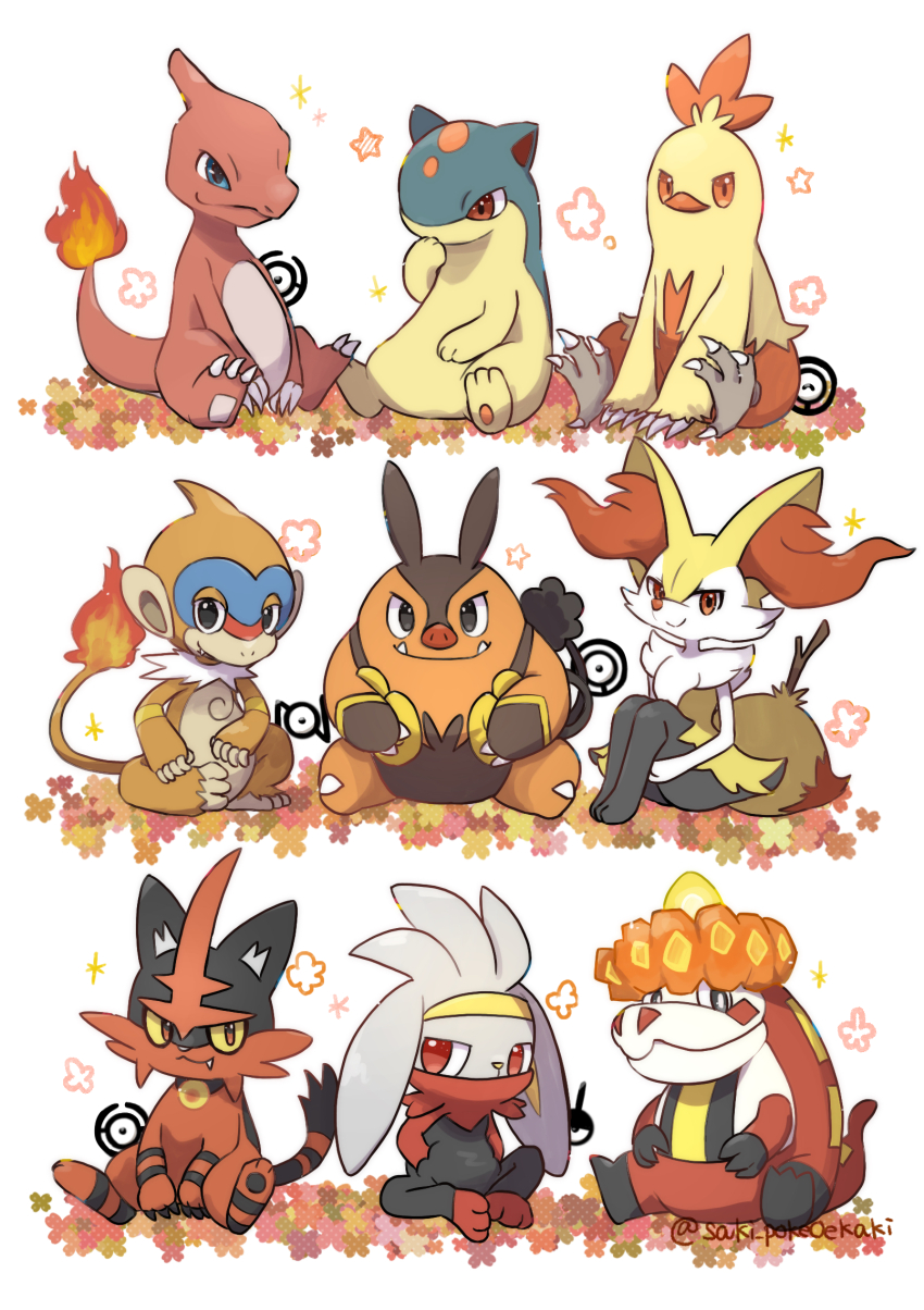 animal_focus braixen charmeleon closed_mouth colored_sclera combusken crocalor fangs fire flame-tipped_tail game_freak gen_1_pokemon gen_2_pokemon gen_3_pokemon gen_4_pokemon gen_5_pokemon gen_6_pokemon gen_7_pokemon gen_8_pokemon highres looking_at_viewer monferno nintendo no_humans orange_eyes pignite pokemon pokemon_(creature) quilava raboot red_eyes saki_pokeoekaki simple_background sitting smile torracat twitter_username unown unown_! unown_h unown_o white_background yellow_sclera