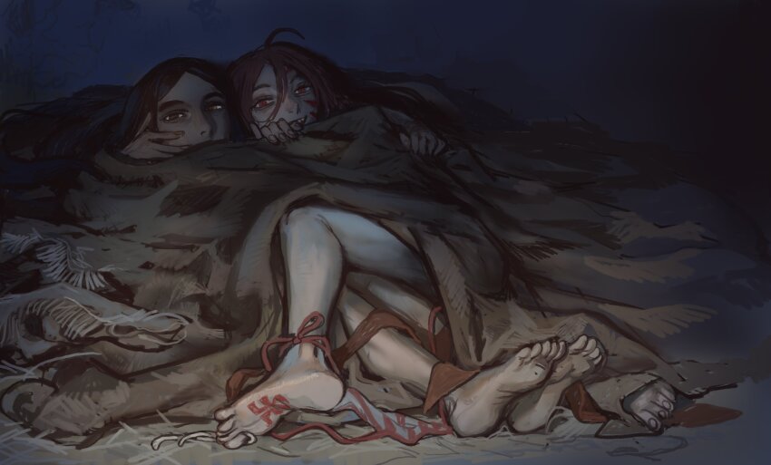 1boy 1girl aged_down ahoge androgynous barefoot black_hair blanket clothes_on_floor cultist-chan dark_skin emperor_of_mankind facial_mark highres in_shadow khorne_(symbol) mossacannibalis panties panties_around_one_ankle red_eyes red_hair shared_blanket sharp_teeth side-tie_panties smile teeth under_covers underwear warhammer_40k