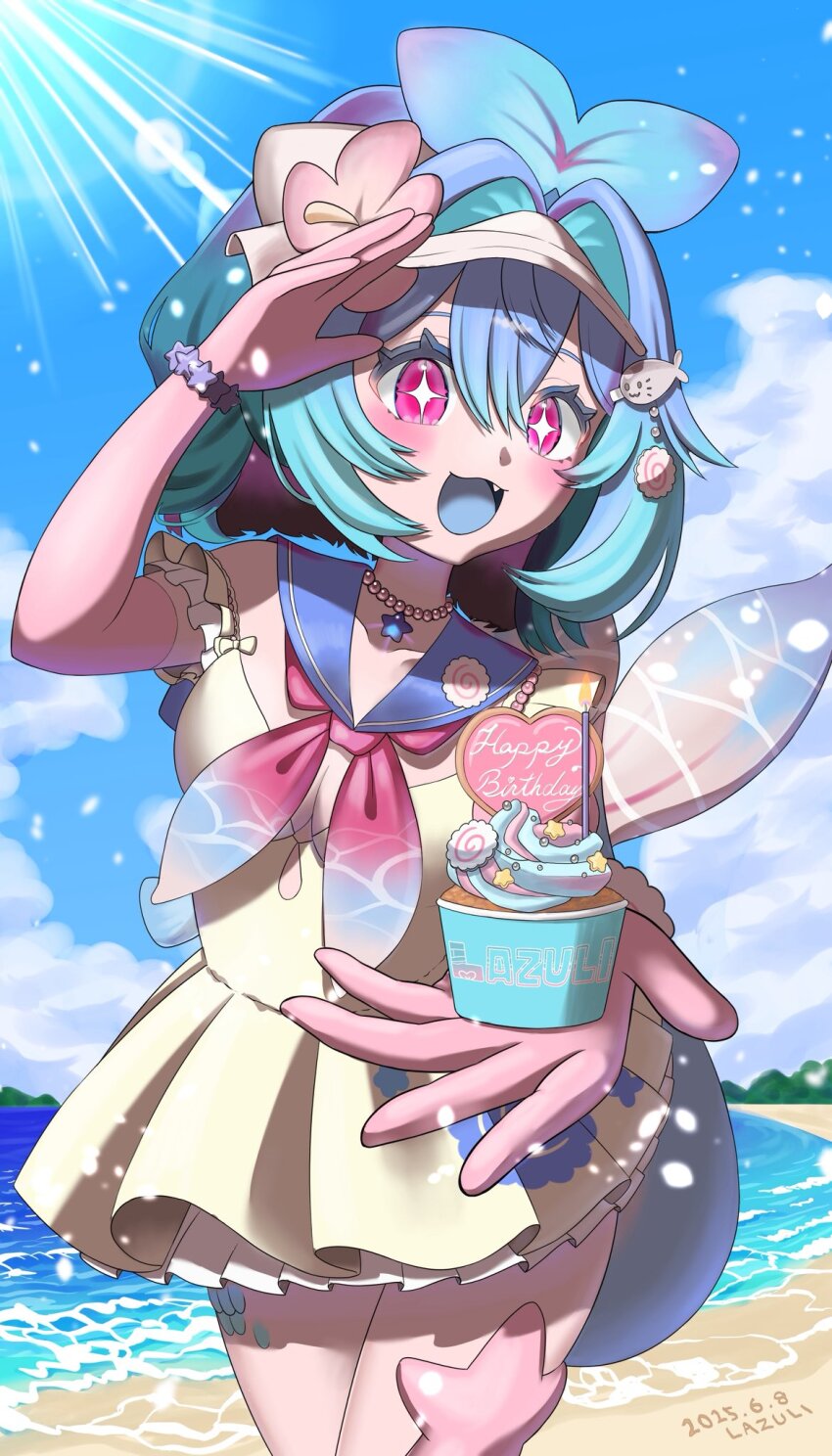 1girl beach blue_hair blue_sailor_collar blue_tongue character_name cloud collarbone colored_tongue cupcake dated dress f_yutaro79 fang food hair_intakes hair_ornament happy_birthday highres indie_virtual_youtuber jewelry lazuli_(vtuber) neckerchief necklace open_mouth pink_eyes pink_neckerchief sailor_collar scales sky solo sparkling_eyes star_(symbol) star_necklace starfish sun_glare tail virtual_youtuber yellow_dress