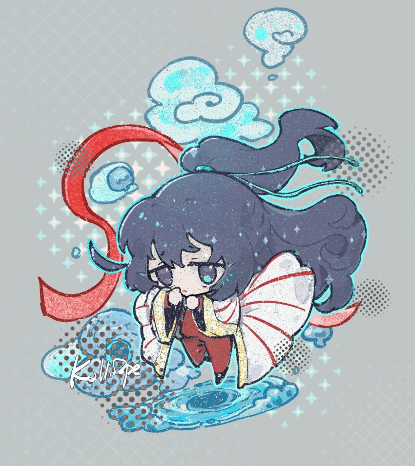 1boy blue_eyes blue_hair chibi chibi_only chinese_clothes cloud frown grey_background hair_ribbon halftone hands_on_own_face hanfu heterochromia high_ponytail highres hong_lu_(project_moon) jumping kalliope_orc limbus_company long_hair outstretched_leg pants ponytail project_moon puddle red_pants red_ribbon red_shirt ribbon ripples shirt very_long_hair white_hanfu