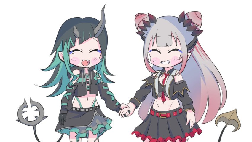 2girls asymmetrical_gloves belt belt_bra black_gloves black_hair black_jacket black_legwear black_skirt black_sleeves black_vest blue_belt blue_hair blue_panties blush chest_belt chibi clothing_cutout commentary_request cone_hair_bun cowboy_shot cropped_jacket cropped_vest cross-laced_clothes cross-laced_sleeves demon_girl demon_horns demon_tail detached_sleeves fang flat_chest frilled_skirt frills garter_straps gin_(tttetu123) gloves gradient_hair grey_hair grey_skirt grin hair_bun highleg highleg_panties holding_hands honey_strap horns interlocked_fingers jacket layered_skirt long_hair long_sleeves midriff multicolored_hair multiple_girls nanashi_inc. navel necktie open_clothes open_jacket open_mouth open_vest panties partially_fingerless_gloves pink_hair pointy_ears red_belt red_necktie shishio_chris shoulder_cutout single_thighhigh skin_fang skirt smile sugar_lyric suou_patra suou_patra_(1st_costume) tail thighhighs two-tone_hair underwear vest virtual_youtuber zipper zipper_skirt