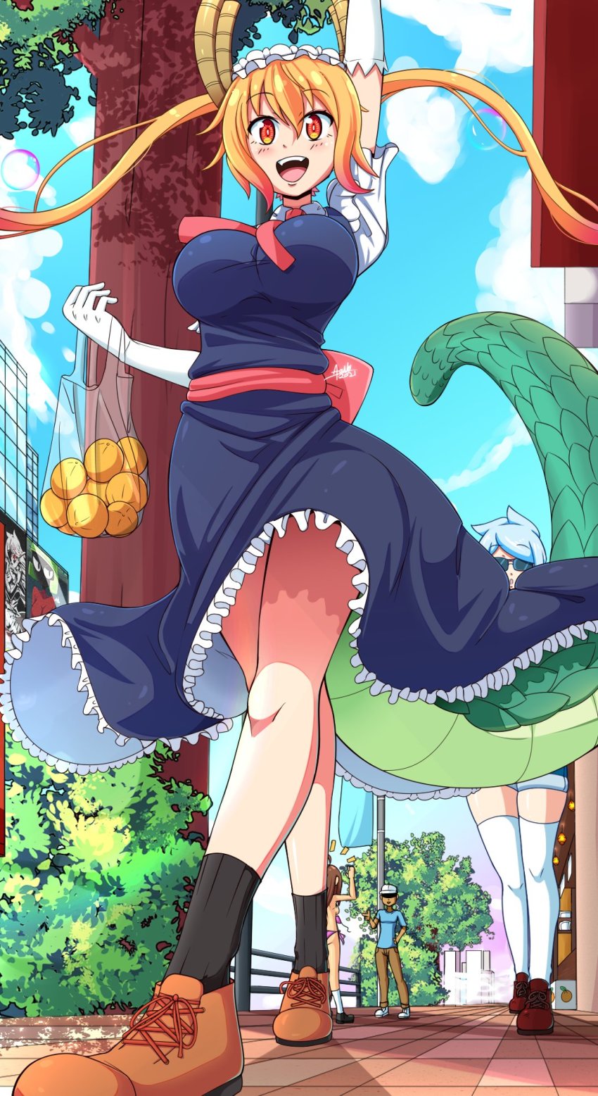 1boy 3girls aonoexorcist100 bag bikini black_socks blonde_hair blue_shirt breasts brown_footwear brown_hair brown_pants dragon_girl dragon_tail elbow_gloves food fruit gloves highres kobayashi-san_chi_no_maidragon large_breasts long_hair maid multiple_girls necktie orange_eyes pants puffy_short_sleeves puffy_sleeves purple_bikini red_necktie shadow shirt shoes short_hair short_sleeves socks solo_focus swimsuit tail thighhighs tohru_(maidragon) topless_female twintails walking white_gloves white_hair white_headwear white_thighhighs