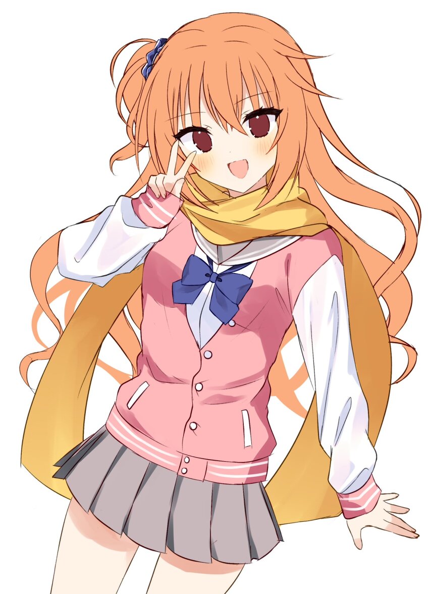 1girl :d aiyan arm_at_side blue_bow blue_scrunchie blush bow commentary_request cowboy_shot eyelashes eyes_visible_through_hair floating_hair grey_sailor_collar grey_skirt hair_between_eyes hair_ornament hair_scrunchie hand_up happy head_tilt highres inaba_meguru jacket letterman_jacket long_hair long_sleeves looking_at_viewer miniskirt one_side_up open_mouth orange_hair pink_jacket pleated_skirt red_eyes sailor_collar sanoba_witch scarf scrunchie simple_background sketch skirt sleeves_past_wrists smile solo standing v v_over_eye wavy_hair white_background white_sleeves yellow_scarf