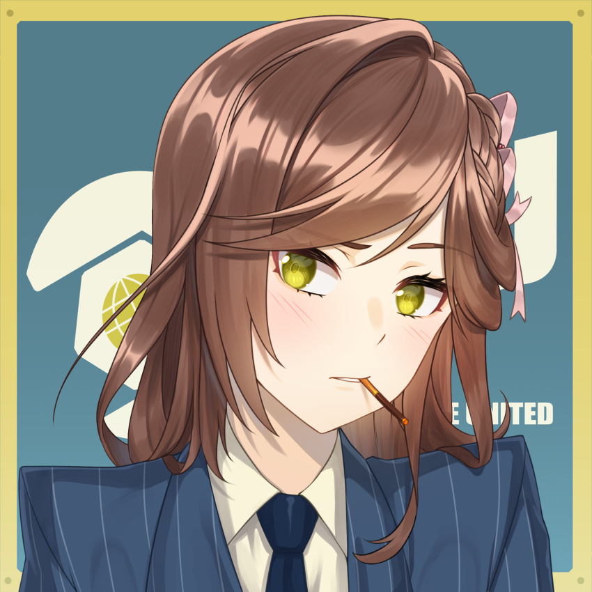 1girl acrylicstroke blu_spy_(tf2) blue_jacket blue_necktie brown_hair cigarette collared_shirt commission commissioner_upload cosplay formal_clothes green_eyes hair_ornament highres jacket long_hair looking_at_viewer necktie non-web_source rosa_(tears_of_themis) shirt smoking solo spy_(tf2) spy_(tf2)_(cosplay) striped_clothes striped_jacket team_fortress_2 tears_of_themis upper_body vertical-striped_clothes vertical-striped_jacket white_shirt
