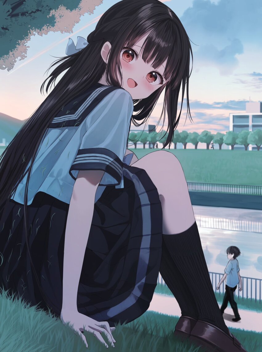 1boy 1girl :d black_hair black_pants black_sailor_collar black_skirt black_socks blue_bow blue_sky blush bow braid brown_shoes building cloud commentary_request contrail evening from_behind full_body gradient_sky grass hair_bow half_up_braid hand_on_ground highres kneehighs knees_up loafers long_hair looking_at_viewer looking_back miniskirt on_grass open_mouth orange_eyes orange_sky original osana_naruka outdoors pants path pentagon_(railgun_ky1206) people pleated_skirt railing reflection reflective_water ribbed_socks road sailor_collar school_uniform serafuku shirt shoes short_hair short_sleeves sidelocks sitting skirt sky smile socks solo_focus stream tree very_long_hair walking water white_shirt