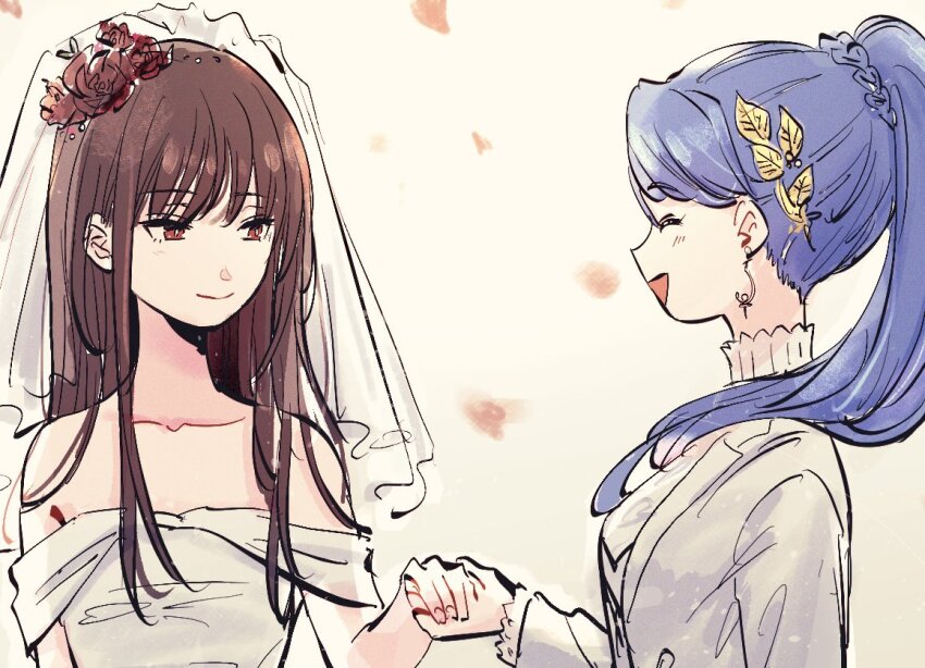 2girls bare_shoulders blue_hair bridal_veil bride brown_hair dress female_focus groom hanamura_shiki heaven_burns_red holding_hands kulfiq long_hair long_sleeves multiple_girls red_eyes veil wedding wedding_dress wife_and_wife yanagi_mion yuri