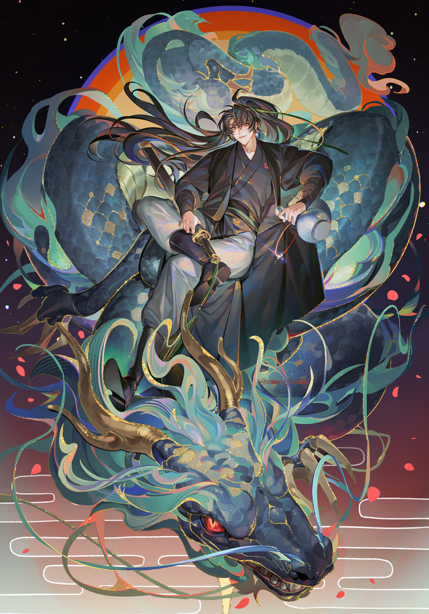 1boy black_boots black_hair black_hanbok boots chinese_zodiac cheongmyeong_(return_of_the_mount_hua_sect) crossed_bangs crossed_legs dragon eastern_dragon egasumi emuro_gemini gradient_background green_ribbon hair_ribbon hanbok high_ponytail highres holding holding_jug holding_sword holding_weapon jug_(bottle) korean_clothes long_hair long_sleeves pants petals pink_eyes ponytail return_of_the_mount_hua_sect ribbon sash sheath sheathed sitting sitting_on_animal smile solo sword tassel twitter_username weapon white_pants wide_sleeves year_of_the_dragon