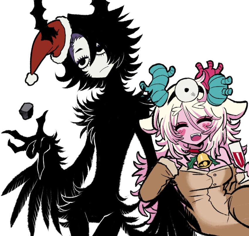 2girls alcohol animal_costume animal_ears black_eyes black_feathers black_hair black_wings christmas claws coal colored_inner_hair commentary_request cup drinking_glass fangs feathered_wings feathers harpy hat head_tilt highres horns horns_through_headwear kakke666 korean_commentary locked_arms monster_girl multicolored_hair multiple_girls original purple_hair reindeer_costume santa_hat short_hair simple_background white_background white_hair wine wine_glass winged_arms wings