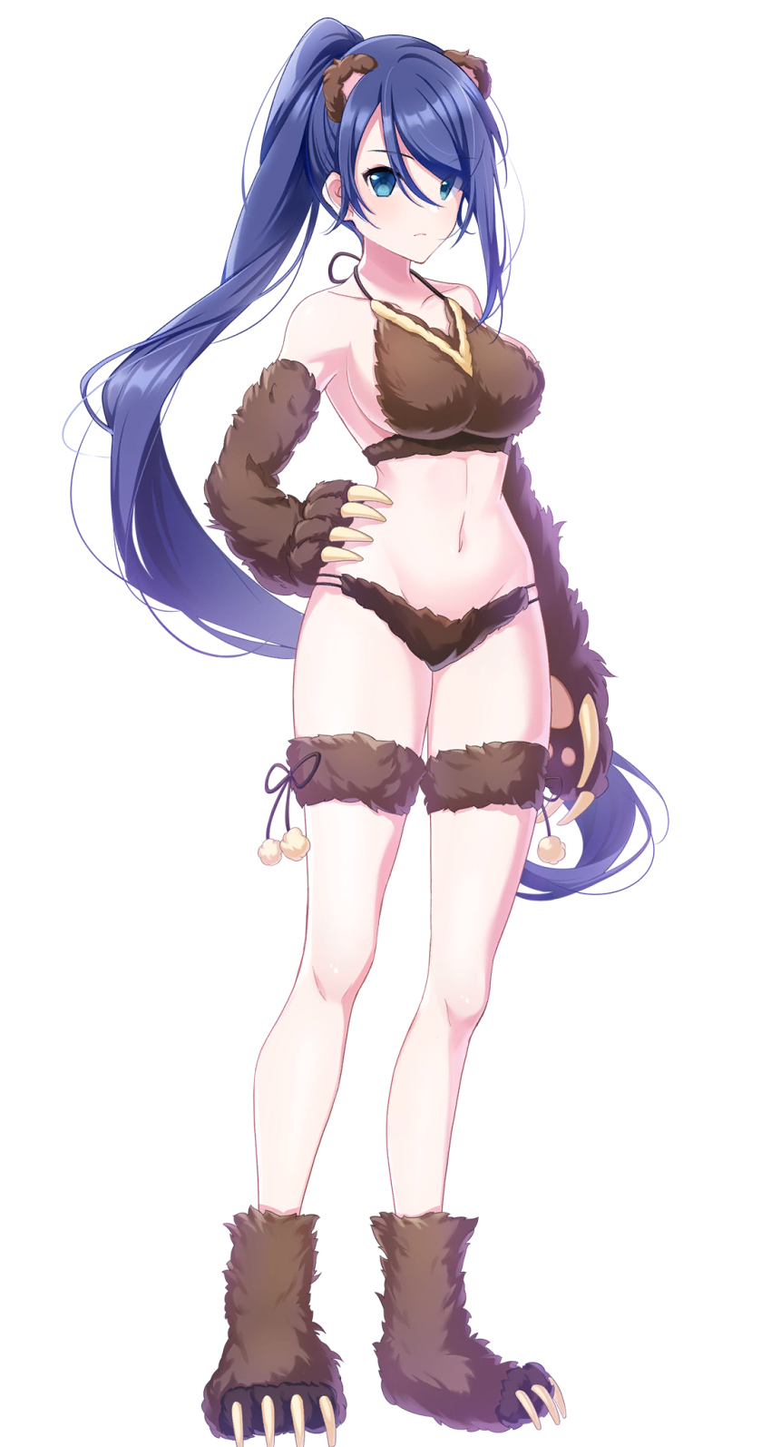 1girl aiba_mio animal_ears bear_ears bear_girl blue_eyes blue_hair boots breasts cleavage fake_animal_ears full_body highres huge_breasts lingerie long_hair navel omega_labyrinth_life ponytail simple_background slippers thigh_strap u35 underwear very_long_hair white_background