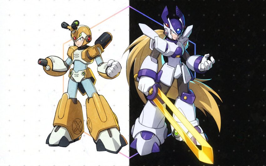 2boys arm_cannon armor black_background blonde_hair boots cosplay degarashi_(ponkotsu) forehead_jewel helmet holding holding_sword holding_weapon horns long_hair male_focus medarot mega_man_(series) mega_man_x_(series) metabee metabee_(cosplay) multiple_boys ponytail rokusho_(medarot) rokusho_(medarot)_(cosplay) shoulder_armor single_horn sword symmetry weapon white_armor white_background white_footwear white_headwear x_(mega_man) yellow_armor yellow_boots yellow_headwear