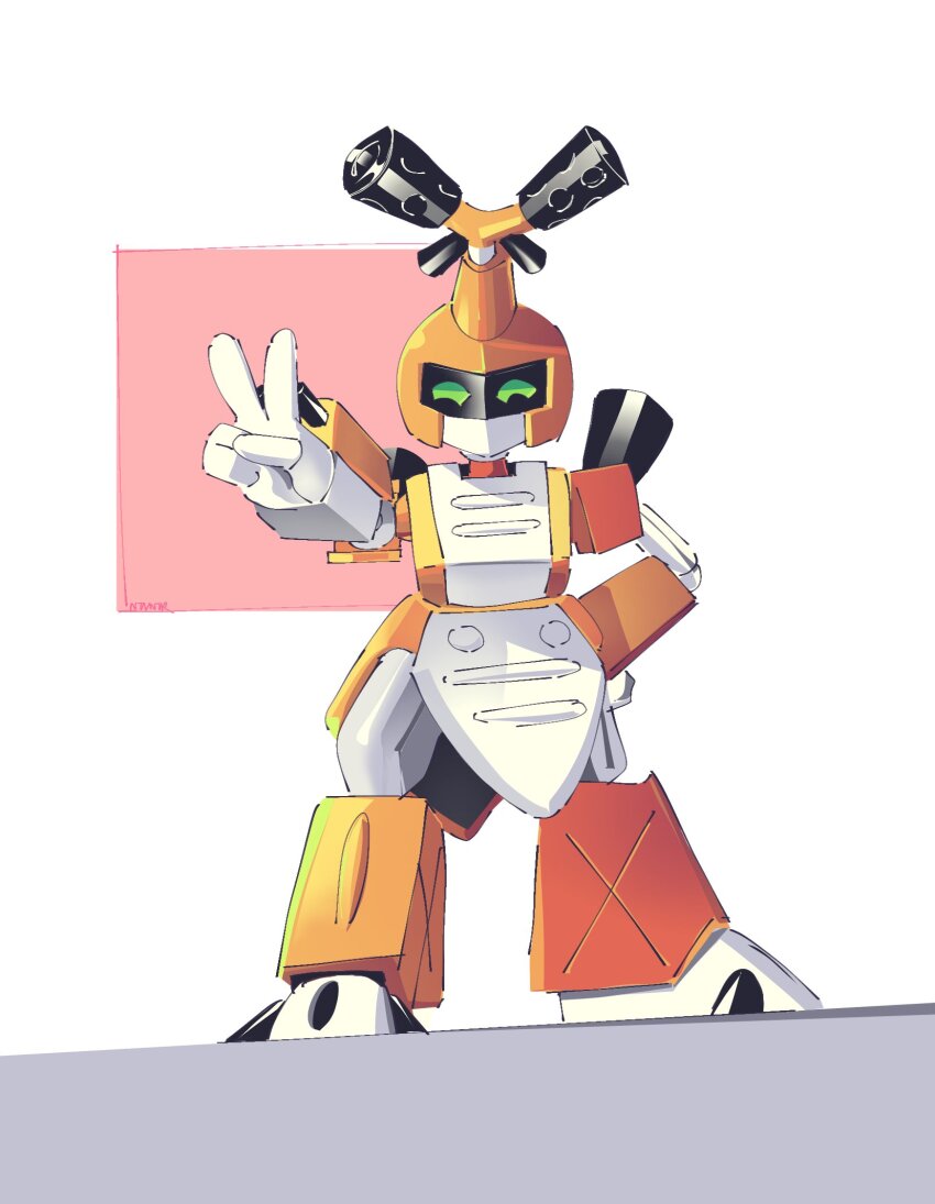1boy arm_cannon armor closed_eyes green_eyes helmet highres horns humanoid_robot making-of_available male_focus medarot metabee notaventura robot solo standing v weapon yellow_armor yellow_helmet