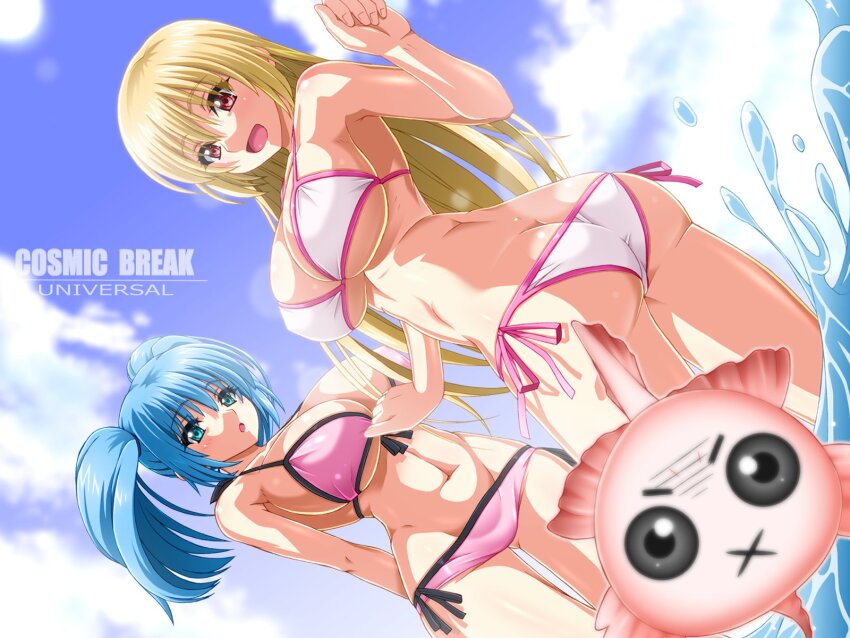 2girls :o alternate_costume ass bikini blonde_hair blue_eyes blue_hair breasts butt_crack cloud copyright_name cosmic_break crimrose fish highres kumashiro_izuta large_breasts lily_rain long_hair looking_at_viewer multiple_girls open_mouth outdoors red_eyes sky smile swimsuit twintails water