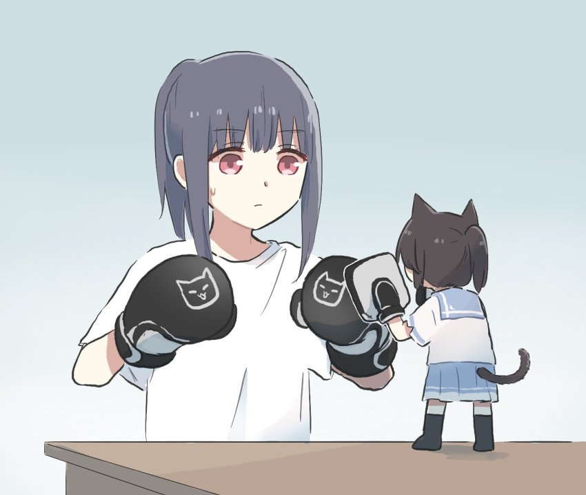 2girls animal_ears black_hair black_socks blue_hair blue_sailor_collar blue_skirt boxing_gloves cat_ears cat_girl cat_tail chibi from_behind hands_up hibike!_euphonium highres kasaki_nozomi kitauji_high_school_uniform liz_to_aoi_tori long_hair looking_at_another lyy mini_person minigirl multiple_girls pink_eyes pleated_skirt sailor_collar school_uniform serafuku shirt short_sleeves skirt socks standing table tail white_shirt yoroizuka_mizore