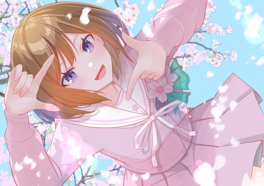0niq 1girl blush brown_hair cherry_blossoms commentary_request dutch_angle falling_petals finger_frame fingernails gakuen_idolmaster highres idolmaster long_sleeves looking_at_viewer neck_ribbon neo_asari official_alternate_costume outdoors petals pink_serafuku pleated_skirt purple_eyes ribbon sakura_photograph_(idolmaster) school_uniform serafuku short_hair skirt smile solo white_ribbon