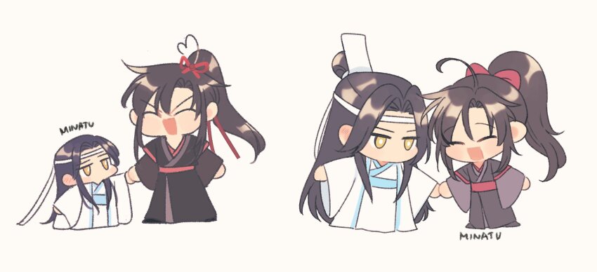 2boys ^_^ age_progression aged_down ahoge artist_name black_boots black_hair black_hanfu blue_sash boots brown_hair chibi chibi_only child chinese_clothes closed_eyes full_body hair_ribbon hanfu headband heart heart_ahoge high_ponytail highres holding_hands lan_wangji long_hair long_sleeves looking_at_another male_focus minataka94 modao_zushi multiple_boys open_mouth ponytail red_ribbon red_sash ribbon robe sash sidelocks simple_background smile standing topknot upper_body wei_wuxian white_background white_hanfu white_headband wide_sleeves xiao_guan_(headdress) yaoi yellow_eyes