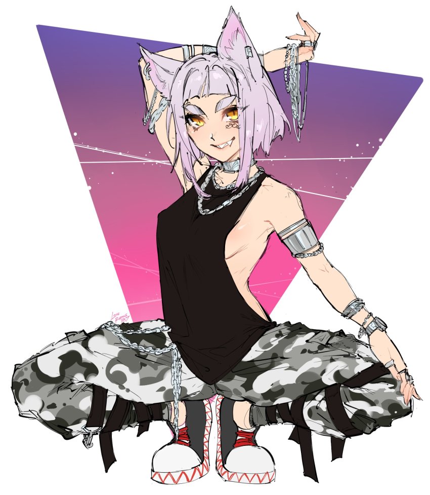 animal_ears belt bling camouflage camouflage_pants chain chain_necklace collar facial_tattoo grills highres jewelry kenshin187 knees_bent multiple_rings necklace pants piercing ring snow_sos tank_top tattoo watch white_hair wristwatch yellow_eyes